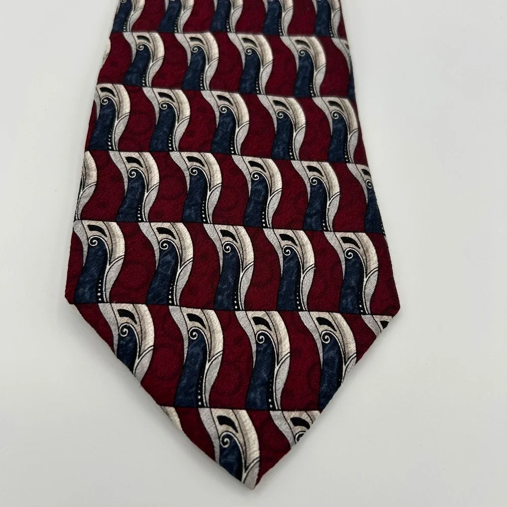 Pierre Cardin Necktie Geometric Mens OS Burgundy Silk Vintage Business Retro